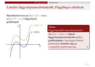 Elemi függvények II.   Szögfüggvények


Lineáris függvénytranszformációk: Függ˝ leges eltolások
                                      o

Hasonlítsuk össze az f (x) = x3 − x és a
g(x) = x3 − x + 1 függvények
graﬁkonjait:
           y            y = f (x) + 1
                                                  Állítás:
                                                  Függvényérték-transzformációk I.
                        y = f (x)
                                                  Az f (x) → f (x) + d típusú
                                                  függvénytranszformációk az f (x)
                                                  graﬁkonjának d egységgel történ˝o
                                                  eltolásának felelnek meg az
                                    x             y-tengellyel párhuzamosan.




                                                                                      52 / 56
 