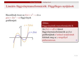 Elemi függvények II.   Szögfüggvények


Lineáris függvénytranszformációk: Függ˝ leges nyújtások
                                      o

Hasonlítsuk össze az f (x) = x3 − x és a
g(x) = 2(x3 − x) függvények
graﬁkonjait:
                                                   Állítás:
                     y = 2 f (x)                   Függvényérték-transzformációk II.
               y
                                                   Az f (x) → df (x) típusú
                           y = f (x)               függvénytranszformációk az f (x)
                                                   graﬁkonjának d arányú nyújtásának
                                                   felelnek meg az y-tengellyel
                                x
                                                   párhuzamosan.




                                                                                       53 / 56
 