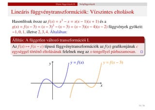Elemi függvények II.   Szögfüggvények


Lineáris függvénytranszformációk: Vízszintes eltolások
Hasonlítsuk össze az f (x) = x3 − x = x(x − 1)(x + 1) és a
g(x) = f (x − 3) = (x − 3)3 − (x − 3) = (x − 3)(x − 4)(x − 2) függvények gyökeit:
−1, 0, 1, illetve 2, 3, 4. Általában:
Állítás: A független változó transzformációi I.
Az f (x) → f (x − c) típusú függvénytranszformációk az f (x) graﬁkonjának c
egységgel történ˝ eltolásának felelnek meg az x-tengellyel párhuzamosan.
                 o

                      y                  y = f (x)                     y = f (x − 3)




                                                                   x



                                                                                       54 / 56
 