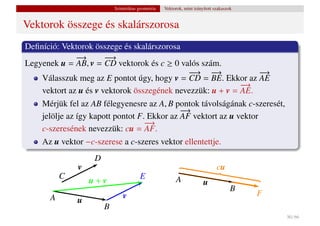 Szintetikus geometria   Vektorok, mint irányított szakaszok


Vektorok összege és skalárszorosa
Deﬁníció: Vektorok összege és skalárszorosa
              −→       −
                       −→
Legyenek u = AB, v = CD vektorok és c ≥ 0 valós szám.
                                             −−
                                              → −   −
                                                    →           −
                                                                −
                                                                →
    Válasszuk meg az E pontot úgy, hogy v = CD = BE. Ekkor az AE
                                                            −
                                                            −
                                                            →
    vektort az u és v vektorok összegének nevezzük: u + v = AE.
    Mérjük fel az AB félegyenesre az A, B pontok távolságának c-szeresét,
                                             −
                                             −
                                             →
    jelölje az így kapott pontot F. Ekkor az AF vektort az u vektor
                                   −
                                   −→
    c-szeresének nevezzük: cu = AF.
    Az u vektor −c-szerese a c-szeres vektor ellentettje.
                   D
              v                                                               cu
          C                            E
                  u+v                                    A             u
                                                                                     B
                               v                                                         F
      A       u
                       B
                                                                                             30 / 66
 