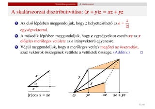 Szintetikus geometria   A skalárszorzat


A skalárszorzat disztributivitása: (x + y)z = xz + yz
                                                                     z
  1   Az els˝ lépésben meggondoljuk, hogy z helyettesíthet˝ az e =
              o                                              o
                                                                    |z|
      egységvektorral.
  2   A második lépésben meggondoljuk, hogy e egységvektor esetén xe az x
      el˝ jeles mer˝ leges vetülete az e irányvektorú egyenesre.
        o          o
  3   Végül meggondoljuk, hogy a mer˝ leges vetítés meg˝ rzi az összeadást,
                                           o               o
      azaz vektorok összegének vetülete a vetületek összege. (Additív.)




                 x                                 y
                 α                                             x
             e
          |x| cos α = xe                    O             ye         xe   xe + ye

                                                                                    33 / 66
 