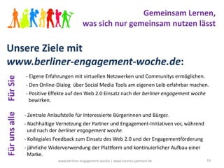 Gemeinsam Lernen,
                                            was sich nur gemeinsam nutzen lässt

Unsere Ziele mit
www.berliner-engagement-woche.de:
               - Eigene Erfahrungen mit virtuellen Netzwerken und Communitys ermöglichen.
Für Sie




               - Den Online-Dialog über Social Media Tools am eigenen Leib erfahrbar machen.
               - Positive Effekte auf den Web 2.0 Einsatz nach der berliner engagement woche
                 bewirken.
Für uns alle




               - Zentrale Anlaufstelle für Interessierte Bürgerinnen und Bürger.
               - Nachhaltige Vernetzung der Partner und Engagement-Initiativen vor, während
                 und nach der berliner engagement woche.
               - Kollegiales Feedback zum Einsatz des Web 2.0 und der Engagementförderung
               - jährliche Widerverwendung der Plattform und kontinuierlicher Aufbau einer
                 Marke.
                              www.berliner-engagement-woche | www.hannes-jaehnert.de           14
 