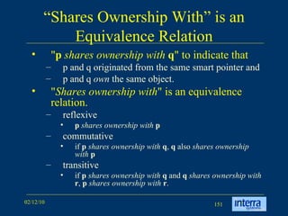 “ Shares Ownership With” is an Equivalence Relation &quot; p   shares ownership with   q &quot; to indicate that  p and q originated from the same smart pointer and p and q  own  the same object.  &quot; Shares ownership with &quot; is an equivalence relation.  reflexive  p   shares ownership with   p   commutative  if  p   shares ownership with   q ,  q  also  shares ownership with   p transitive  if  p   shares ownership with   q  and  q   shares ownership with   r ,  p   shares ownership with   r . 