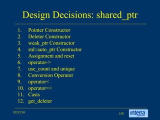 Design Decisions: shared_ptr Pointer Constructor Deleter Constructor weak_ptr Constructor std::auto_ptr Constructor Assignment and reset operator-> use_count and unique Conversion Operator operator< operator<< Casts get_deleter 