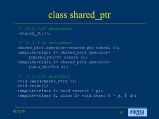 class shared_ptr // [2.2.3.2] destructor ~shared_ptr(); // [2.2.3.3] assignment shared_ptr& operator=(shared_ptr const& r); template<class Y> shared_ptr& operator= (shared_ptr<Y> const& r); template<class Y> shared_ptr& operator= (auto_ptr<Y>& r); // [2.2.3.4] modifiers void swap(shared_ptr& r); void reset(); template<class Y> void reset(Y * p); template<class Y, class D> void reset(Y * p, D d); 