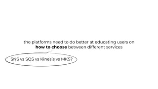 SNS vs SQS vs Kinesis vs MKS?
the platforms need to do better at educating users on
how to choose between different services
 