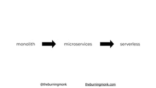 @theburningmonk theburningmonk.com
monolith microservices serverless
observability
distributed
systems
bounded
context
 
