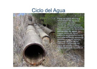 Ciclo del Agua
• 

Parte de estos recursos
renovables del agua se
remueven del ciclo
mediante infraestructura
instalada por los humanos.
Este concepto se denomina
extracción de agua. La
mayor parte del agua
extraída es posteriormente
devuelta al medio ambiente
pasado un cierto tiempo,
después de que se ha
utilizado. La calidad del
agua de retorno puede
haber cambiado durante el
uso.

 