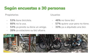 Propietarios
- 53% tiene bicicleta.
- 66% no la usa.
- 53% ya presto su bicia un amigo.
- 26% ya estaciono su bici afuera.
Usuarios
- 46% no tiene bici
- 57% quiere usar pero no tiene.
- 33% ya a alquilado una bici.
 