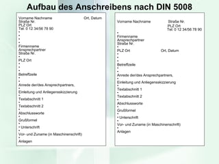 Aufbau des Anschreibens nach DIN 5008 Vorname Nachname   Straße Nr.   PLZ Ort   Tel: 0 12 34/56 78 90 Firmenname Ansprechpartner Straße Nr. PLZ Ort Ort, Datum Betreffzeile Anrede der/des Ansprechpartners, Einleitung und Anliegensskizzierung Textabschnitt 1 Textabschnitt 2 Abschlussworte Grußformel Unterschrift Vor- und Zuname (in Maschinenschrift) Anlagen Vorname Nachname   Ort, Datum Straße Nr. PLZ Ort Tel: 0 12 34/56 78 90 Firmenname Ansprechpartner Straße Nr. PLZ Ort Betreffzeile Anrede der/des Ansprechpartners, Einleitung und Anliegensskizzierung Textabschnitt 1 Textabschnitt 2 Abschlussworte Grußformel Unterschrift Vor- und Zuname (in Maschinenschrift) Anlagen 