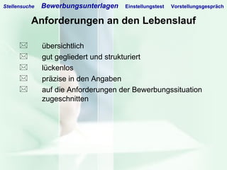 Anforderungen an den Lebenslauf übersichtlich gut gegliedert und strukturiert lückenlos präzise in den Angaben auf die Anforderungen der Bewerbungssituation  zugeschnitten Stellensuche   Bewerbungsunterlagen   Einstellungstest   Vorstellungsgespräch 