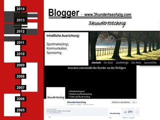 2014

Blogger

2013
2012

Inhaltliche Ausrichtung:
2011
2010
2009

2008
2007
2006
2005

Sportmarke(ting),
Kommunikation,
Sponsoring.

www.3hundertsechzig.com

 