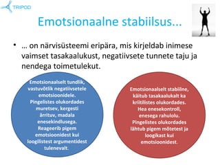 Emotsionaalne stabiilsus... 
• … on närvisüsteemi eripära, mis kirjeldab inimese 
vaimset tasakaalukust, negatiivsete tunn...
