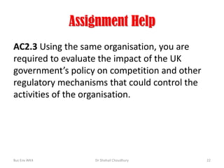 Assignment Help
AC2.3 Using the same organisation, you are
required to evaluate the impact of the UK
government’s policy on competition and other
regulatory mechanisms that could control the
activities of the organisation.

Bus Env WK4

Dr Shohail Choudhury

22

 