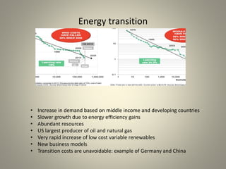 Energy transition
• Increase in demand based on middle income and developing countries
• Slower growth due to energy efficiency gains
• Abundant resources
• US largest producer of oil and natural gas
• Very rapid increase of low cost variable renewables
• New business models
• Transition costs are unavoidable: example of Germany and China
 