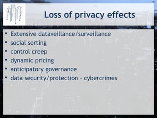 Loss of privacy effects
• Extensive dataveillance/surveillance
• social sorting
• control creep
• dynamic pricing
• anticipatory governance
• data security/protection – cybercrimes
 