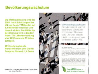 Bevölkerungswachstum


Die Weltbevölkerung wird bis
2040 nach Schätzungen der
UN von heute 7 Milliarden auf
8,4 Milliarden wachsen und
danach sinken. Die Hälfte der
Bevölkerung wird in Städten
leben. Die Lebenserwartung
wird 2052 mehr als 75 Jahre
betragen.

2010 verbrauchte die
Menschheit laut dem Global
Footprint Network 1,4 Erden




Quelle: 2052 – Der neue Bericht an den Club of Rome
        von Jorgen Randers
 