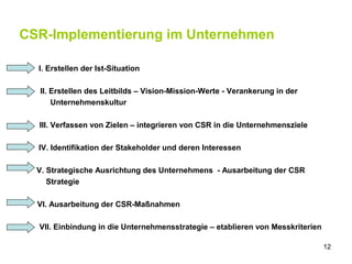 CSR-Implementierung im Unternehmen

•   I. Erstellen der Ist-Situation

    II. Erstellen des Leitbilds – Vision-Mission-Werte - Verankerung in der
        Unternehmenskultur

    III. Verfassen von Zielen – integrieren von CSR in die Unternehmensziele

•   IV. Identifikation der Stakeholder und deren Interessen

•   V. Strategische Ausrichtung des Unternehmens - Ausarbeitung der CSR
       Strategie

    VI. Ausarbeitung der CSR-Maßnahmen

    VII. Einbindung in die Unternehmensstrategie – etablieren von Messkriterien

                                                                                  12
 