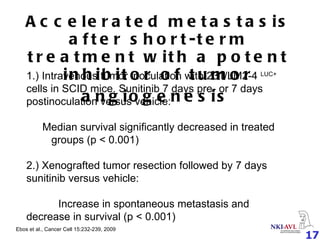 Accelerated metastasis after short-term treatment with a potent inhibitor of tumor angiogenesis   1.) Intravenous tumor inoculation with 231/LM2-4  LUC+  cells in SCID mice. Sunitinib 7 days pre- or 7 days postinoculation versus vehicle: Median survival significantly decreased in treated  groups (p < 0.001) 2.) Xenografted tumor resection followed by 7 days sunitinib versus vehicle: Increase in spontaneous metastasis and  decrease in survival (p < 0.001) Ebos et al., Cancer Cell 15:232-239, 2009 