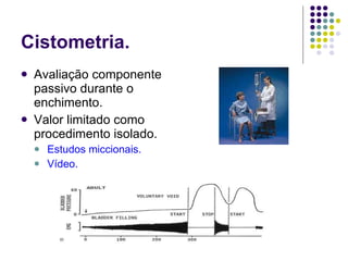 Cistometria. Avaliação componente passivo durante o enchimento. Valor limitado como   procedimento isolado. Estudos miccionais. Vídeo. 