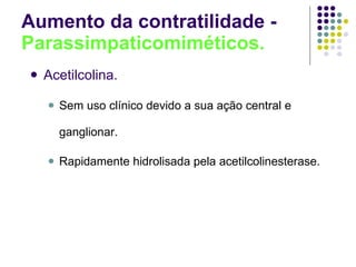 Aumento da contratilidade -  Parassimpaticomiméticos. Acetilcolina. Sem uso clínico devido a sua ação central e ganglionar. Rapidamente hidrolisada pela acetilcolinesterase. 