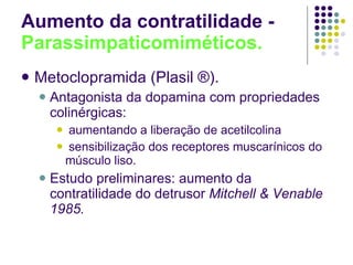 Aumento da contratilidade -  Parassimpaticomiméticos. Metoclopramida (Plasil ®). Antagonista da dopamina com propriedades colinérgicas: aumentando a liberação de acetilcolina sensibilização dos receptores muscarínicos do músculo liso. Estudo preliminares: aumento da contratilidade do detrusor  Mitchell & Venable 1985. 