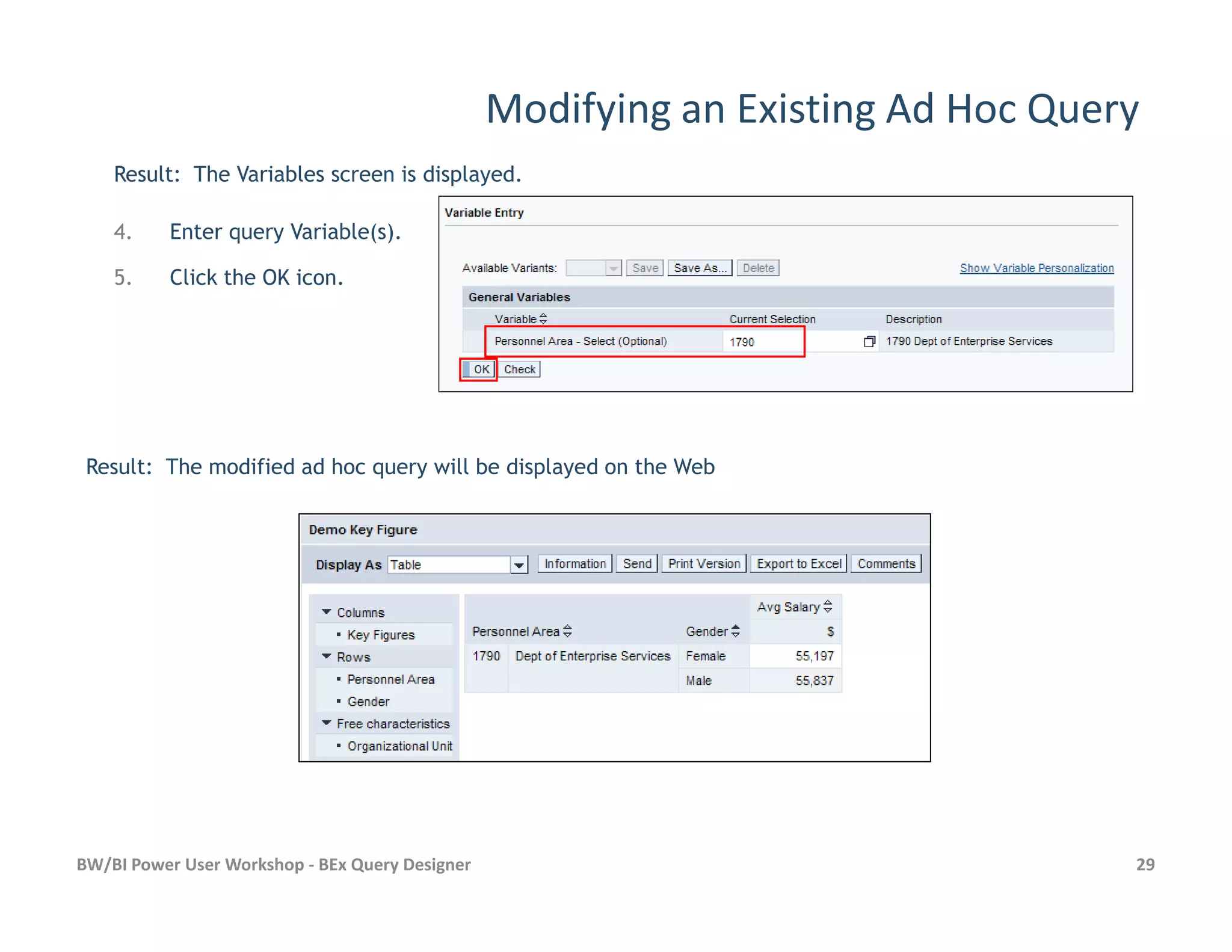 Modifying an Existing Ad Hoc Query
Result: The Variables screen is displayed.
4. Enter query Variable(s).
5. Click the OK icon.
Result: The modified ad hoc query will be displayed on the Web
BW/BI Power User Workshop - BEx Query Designer 29
Result: The modified ad hoc query will be displayed on the Web
 
