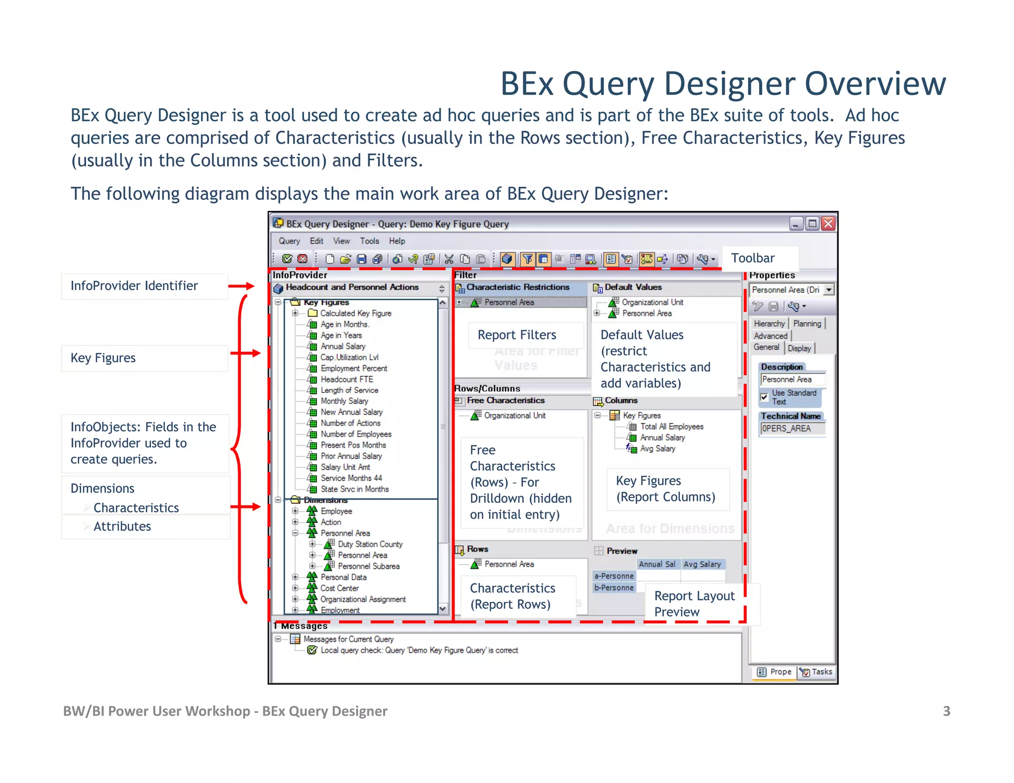 BEx Query Designer Overview
BEx Query Designer is a tool used to create ad hoc queries and is part of the BEx suite of tools. Ad hoc
queries are comprised of Characteristics (usually in the Rows section), Free Characteristics, Key Figures
(usually in the Columns section) and Filters.
The following diagram displays the main work area of BEx Query Designer:
Report FiltersReport Filters
InfoProvider IdentifierInfoProvider Identifier
ToolbarToolbar
Key FiguresKey Figures
Default ValuesDefault Values
(restrict(restrict
Characteristics andCharacteristics and
add variables)add variables)
BW/BI Power User Workshop - BEx Query Designer 3
Report LayoutReport Layout
PreviewPreview
InfoObjects: Fields in theInfoObjects: Fields in the
InfoProvider used toInfoProvider used to
create queries.create queries.
Key FiguresKey Figures
(Report Columns)(Report Columns)
DimensionsDimensions
CharacteristicsCharacteristics
AttributesAttributes
CharacteristicsCharacteristics
(Report Rows)(Report Rows)
FreeFree
CharacteristicsCharacteristics
(Rows)(Rows) –– ForFor
Drilldown (hiddenDrilldown (hidden
on initial entry)on initial entry)
 