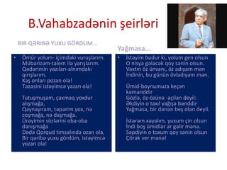 B.Vahabzadənin şeirləri
BIR QƏRIBƏ YUXU GÖRDUM…
• Ömür yolum- içimdəki vuruşlarım.
Mübarizəm-talem ilə yarışlarım.
Qədərimin yazıları-alnımdakı
qırışlarım.
Kaş onları pozan ola!
Təzəsini istəyimcə yazan ola!
Tutuşmuşam, çaxmaq yoxdur
alışmağa,
Qaynayıram, təpərim yox, nə
coşmağa, nə daşmağa.
Ürəyimin sözlərini oba-oba
danışmağa
Dədə Qorqud timsalında ozan ola,
Bir qəribə yuxu gördüm, istəyimcə
yozan ola!
Yağmasa...
• İstəyim budur ki, yolum gen olsun
O nisyə gələcək qoy sənin olsun.
Vaxtın öz ünvanı, öz adıyam mən
İndinin, bu günün övladıyam mən.
Ümid-boynumuza keçən
kəmənddir
Gözlə, öz-özünə -açilan deyil:
Əkdiyin o taxıl yağışa bənddir
Yağmasa, bir dənən beş olan deyil.
İstərəm xəyalım, yuxum çin olsun
İndi boş ümidlər ar gəlir mənə.
Səpdiyin o toxum qoy sənin olsun
Çörək ver mənə!
 