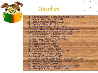 Əsərləri
• 21- "Seçilmiş əsərlər" (II cild, poemalar), Azərnəşr, 1974
22- "Açıq söhbət", "Gənclik", 1977
23- "Açılan səhərlərə salam", 1970
24- "Pyeslər", "Gənclik", 1980
25- "Payız düşüncələri", "Yazıçı", 1981
26- "Hər çiçəkdən bir ləçək" (Dünya poeziyasından
nümunələrindən tərcümələr), "Yazıçı", 1982
27- "Seçilmiş əsərlər" (2 cildlik), 1983-1984
28- "Özümlə söhbət", Azərnəşr, 1985
29- "Axı, dünya fırlanır", "Yazıçı", 1987
30- "Səhər", "Gənclik", 1986
31- "Lirika", Azərnəşr, 1990
32- "Şəhidlər", Azərnəşr, 1990
33- "Nağıl-həyat", "Yazıçı", 1991
34- "Ümidə heykəl qoyun", "Yazıçı", 1991
35- "Vətəndaş", "Gənclik", 1994
36- "Fəryad", "Azərbaycan", 1995
37- "Körppü çaydan uzaq düşüq", "Azərbaycan", 1996
38- "Bir ömür yuxu", "Azərbaycan", 1998
39- "İstiqlal", "Gənclik", 1999
40- "Ağıl başqa, ürək başqa", "Azərbaycan", 2000
41- "Sandıqdan səslər", "Təfəkkür", 2002
 