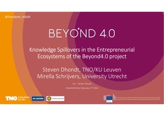 Knowledge Spillovers in the Entrepreneurial
Ecosystems of the Beyond4.0 project
Steven Dhondt, TNO/KU Leuven
Mirella Schrijvers, University Utrecht
UU – Winter School
Utrecht/Online February 2nd 2022
@Transform_H2020
 