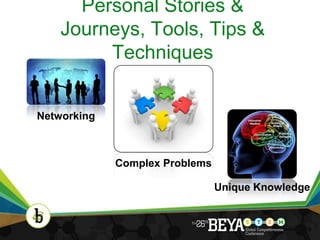 Personal Stories &
    Journeys, Tools, Tips &
         Techniques


Networking



             Complex Problems

                                Unique Knowledge


                                               9
 