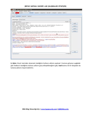 [BEYAZ ŞAPKALI HACKER LAB ÇALIŞMALARI KİTAPÇIĞI]
BGA Bilgi Güvenliği A.Ş. | www.bgasecurity.com | @BGASecurity
6. Adım: Gmail üzerinden denemek istediğimiz kullanıcı adlarını payload 1 kısmına giriyoruz aşağıdaki
gibi.Textbox'a istediğimiz kullanıcı adlarını girip ekleyebileceğimiz gibi, load butonu ile bir dosyadan da
kullanıcıadlarını importedebiliriz.
 