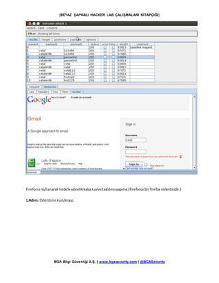 [BEYAZ ŞAPKALI HACKER LAB ÇALIŞMALARI KİTAPÇIĞI]
BGA Bilgi Güvenliği A.Ş. | www.bgasecurity.com | @BGASecurity
Fireforce kullanarakhedefe yönelikkabakuvvetsaldırısıyapma.(Fireforce birfirefox eklentisidir.)
1.Adım: Eklentininkurulması;
 