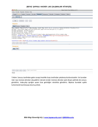 [BEYAZ ŞAPKALI HACKER LAB ÇALIŞMALARI KİTAPÇIĞI]
BGA Bilgi Güvenliği A.Ş. | www.bgasecurity.com | @BGASecurity
7.Adım: Sunucu tarafından gelen cevap öncelikle burp tarafından yakalanıp durdurulacaktır. Ve buradan
ister raw menüsü altından okuyabiliriz istersek render menüsü altından web dizayn şeklinde de sonucu
görebiliriz. Index.php içeriğini aynen bize getirdiğini rahatlıkla görebiliriz. Böylece buradaki açıklık
kullanılaraklocal dosyayıokumuşolduk.
 