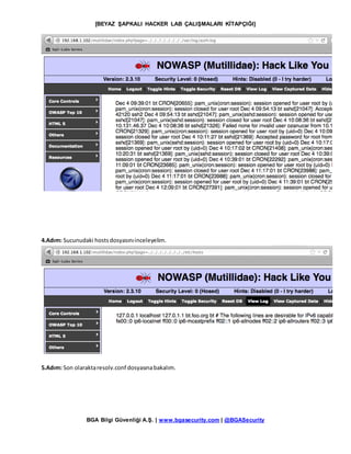 [BEYAZ ŞAPKALI HACKER LAB ÇALIŞMALARI KİTAPÇIĞI]
BGA Bilgi Güvenliği A.Ş. | www.bgasecurity.com | @BGASecurity
4.Adım: Sucunudaki hostsdosyasınıinceleyelim.
5.Adım: Son olaraktaresolv.conf dosyasınabakalım.
 