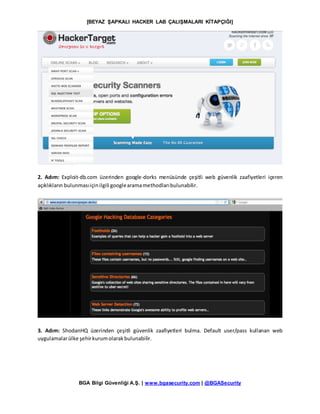 [BEYAZ ŞAPKALI HACKER LAB ÇALIŞMALARI KİTAPÇIĞI]
BGA Bilgi Güvenliği A.Ş. | www.bgasecurity.com | @BGASecurity
2. Adım: Exploit-db.com üzerinden google-dorks menüsünde çeşitli web güvenlik zaafiyetleri içeren
açıklıkların bulunmasıiçinilgili googlearamamethodlarıbulunabilir.
3. Adım: ShodanHQ üzerinden çeşitli güvenlik zaafiyetleri bulma. Default user/pass kullanan web
uygulamalarülke şehirkurumolarakbulunabilir.
 