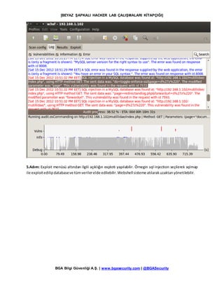 [BEYAZ ŞAPKALI HACKER LAB ÇALIŞMALARI KİTAPÇIĞI]
BGA Bilgi Güvenliği A.Ş. | www.bgasecurity.com | @BGASecurity
5.Adım: Exploit menüsü altından ilgili açıklığın exploti yapılabilir. Örnegin sql injection seçilerek sqlmap
ile exploitedilipdatabaseve tümverilerelde edilebilir.Webshell sisteme atılarakuzaktanyönetilebilir.
 