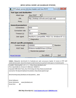 [BEYAZ ŞAPKALI HACKER LAB ÇALIŞMALARI KİTAPÇIĞI]
BGA Bilgi Güvenliği A.Ş. | www.bgasecurity.com | @BGASecurity
3.Adım: Ab(apache benchmark) ile facebook.com web sunucusuna toplam 15 tane(-n) HTTP GET
talebinde bulunalım.Güvenlikcihazlarınatakılmamakiçineşzamanlıisteksayısı(-c) 1olarakseçildi.
root@bt:~/Desktop#ab -n 15 -c 1 -v -rhttp://www.facebook.com/
This is ApacheBench,Version 2.3 <$Revision: 655654 $>
Copyright1996 AdamTwiss,ZeusTechnology Ltd,http://www.zeustech.net/
Licensed to The ApacheSoftwareFoundation,http://www.apache.org/
Benchmarking www.facebook.com(bepatient).....done
Server Software:
Server Hostname: www.facebook.com
Server Port: 80
 