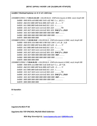 [BEYAZ ŞAPKALI HACKER LAB ÇALIŞMALARI KİTAPÇIĞI]
BGA Bilgi Güvenliği A.Ş. | www.bgasecurity.com | @BGASecurity
root@bt:~/Desktop# tcpdump -nn-tt -X -s0 -i eth0 icmp
1355688872.078551 IP 193.15.116.130 > 216.239.36.21: ICMPecho request,id 3642, seq 6, length100
0x0000: 4500 0078 ecb9 0000 4001 5b35 c10f 7482 E..x....@.[5..t.
0x0010: d8ef 2415 0800 d007 0e3a 0006 d427 ce50 ..$......:...'.P
0x0020: 8c3c 0000 0809 0a0b 0c0d 0e0f 1011 1213 .<..............
0x0030: 1415 1617 1819 1a1b 1c1d 1e1f 2021 2223 .............!"#
0x0040: 2425 2627 2829 2a2b 2c2d 2e2f 3031 3233 $%&'()*+,-./0123
0x0050: 3435 3637 0000 0000 0000 0000 0000 0000 4567............
0x0060: 0000 0000 0000 0000 0000 0000 0000 0000 ................
0x0070: 0000 0000 0000 0000 ........
1355688872.078556 IP 145.98.19.64 > 216.239.36.21: ICMPecho request,id 3642, seq 6, length 100
0x0000: 4500 0078 2156 0000 4001 b788 9162 1340 E..x!V..@....b.@
0x0010: d8ef 2415 0800 d007 0e3a 0006 d427 ce50 ..$......:...'.P
0x0020: 8c3c 0000 0809 0a0b 0c0d 0e0f 1011 1213 .<..............
0x0030: 1415 1617 1819 1a1b 1c1d 1e1f 2021 2223 .............!"#
0x0040: 2425 2627 2829 2a2b 2c2d 2e2f 3031 3233 $%&'()*+,-./0123
0x0050: 3435 3637 0000 0000 0000 0000 0000 0000 4567............
0x0060: 0000 0000 0000 0000 0000 0000 0000 0000 ................
0x0070: 0000 0000 0000 0000 ........
1355688872.078562 IP 58.64.26.231 > 216.239.36.21: ICMPecho request,id 3642, seq 6, length 100
0x0000: 4500 0078 ca1a 0000 4001 5e3f 3a40 1ae7 E..x....@.^?:@..
0x0010: d8ef 2415 0800 d007 0e3a 0006 d427 ce50 ..$......:...'.P
0x0020: 8c3c 0000 0809 0a0b 0c0d 0e0f 1011 1213 .<..............
0x0030: 1415 1617 1819 1a1b 1c1d 1e1f 2021 2223 .............!"#
0x0040: 2425 2627 2829 2a2b 2c2d 2e2f 3031 3233 $%&'()*+,-./0123
0x0050: 3435 3637 0000 0000 0000 0000 0000 0000 4567............
0x0060: 0000 0000 0000 0000 0000 0000 0000 0000 ................
0x0070: 0000 0000 0000 0000 ........
Ek Kaynaklar:
---
Uygulama No:BGA-PT-60
Uygulama Adı: TCP SYN/ACK, FIN/ACK DDoS Saldırıları
 