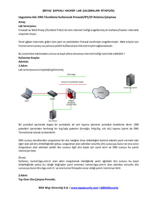 [BEYAZ ŞAPKALI HACKER LAB ÇALIŞMALARI KİTAPÇIĞI]
BGA Bilgi Güvenliği A.Ş. | www.bgasecurity.com | @BGASecurity
Uygulama Adı: DNS Tünelleme Kullanarak Firewall/IPS/CF Atlatma Çalışması
Amaç:
Lab Seneryosu:
Firewall ve Web Proxy (/Content Filter) ile tüm internet trafiği engellenmiş bir kullanıcı/hacker internete
ulaşmakistiyor.
Yerel ağdan internete giden tüm port ve protokoller Firewal tarafından engellenmiştir. Web erişimi için
hizmetverenproxyise yalnızcayetkili kulllanıcılarainterneterişimisağlamaktadır.
Bu sistemlere takılmadansınırsızve kayıt altına alınamazinternettrafiği nasıl elde edilebilir?
KullanılanAraçlar:
Adımlar:
1.Adım:
Lab seneryosununtopolojikgörünümü;
Bir protokol içerisinde başka bir protokole ait veri taşıma işlemine protokol tünelleme denir. DNS
paketleri içersinden herhangi bir tcp/udp paketini (örneğin, http,ftp, ssh vb.) taşıma işlemi de DNS
Tünnelleme olarakisimlendirilir.
DNS sunucu kendisinden sorgulanan bir dns isteğine önce önbelleğini kontrol ederek yanıt vermek ister
eğer alan adı dns önbelleğinde yoksa, sorgulanan alan adından sorumlu dns sunucuyu bulur ve ona sorar.
Sorgulanan alan adından yetkili dns sunucu ilgili dns kaydı için yanıt verir ve DNS sunucu bu yanıtı
istemciye iletir.
Örnek
Kullanıcı, tunnel.bga.com.tr alan adını sorgulamak istediğinde yerel ağındaki dns sunucu bu kayıt
önbelleğinde yoksa bu isteğe doğrudan yanıt veremez. tunnel.bga.com.tr alan adından sorumlu dns
sunucuyubulurdns.bga.com.tr ve onatunnel A kaydınısorar aldığı yanıtı istemciye iletir.
2.Adım:
Tcp-Over-DnsÇalışma Prensibi;
 