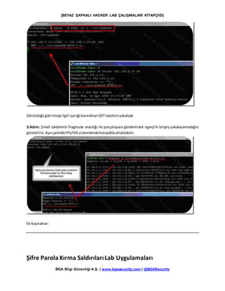 [BEYAZ ŞAPKALI HACKER LAB ÇALIŞMALARI KİTAPÇIĞI]
BGA Bilgi Güvenliği A.Ş. | www.bgasecurity.com | @BGASecurity
Görüldüğügibi nmapilgili içeriği barındıranGET talebini yakaladı.
3.Adım: Şimdi talebimizi fragroute aracılığı ile parçalayara gönderirsek ngrep’in birşey yakalayamadığını
görebiliriz.AynışekildeIPS/IDSsistemleridekolaylıklaatlatılabilir.
Ek Kaynaklar:
Şifre Parola Kırma SaldırılarıLab Uygulamaları
 