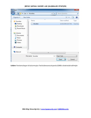 [BEYAZ ŞAPKALI HACKER LAB ÇALIŞMALARI KİTAPÇIĞI]
BGA Bilgi Güvenliği A.Ş. | www.bgasecurity.com | @BGASecurity
6.Adım: Parolamızbaşarı ile bulunmuştur.Testkullanıcısınaaitparola123456 olaraktesbitedilmiştir.
 