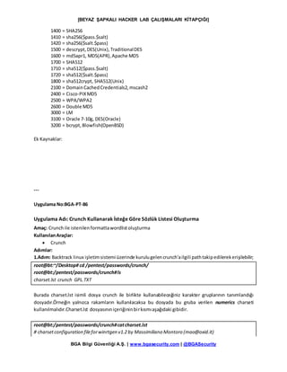 [BEYAZ ŞAPKALI HACKER LAB ÇALIŞMALARI KİTAPÇIĞI]
BGA Bilgi Güvenliği A.Ş. | www.bgasecurity.com | @BGASecurity
1400 = SHA256
1410 = sha256($pass.$salt)
1420 = sha256($salt.$pass)
1500 = descrypt,DES(Unix),TraditionalDES
1600 = md5apr1, MD5(APR),Apache MD5
1700 = SHA512
1710 = sha512($pass.$salt)
1720 = sha512($salt.$pass)
1800 = sha512crypt, SHA512(Unix)
2100 = DomainCachedCredentials2,mscash2
2400 = Cisco-PIXMD5
2500 = WPA/WPA2
2600 = Double MD5
3000 = LM
3100 = Oracle 7-10g, DES(Oracle)
3200 = bcrypt, Blowfish(OpenBSD)
Ek Kaynaklar:
---
Uygulama No:BGA-PT-86
Uygulama Adı: Crunch Kullanarak İsteğe Göre Sözlük Listesi Oluşturma
Amaç: Crunchile istenilenformattawordlistoluşturma
KullanılanAraçlar:
 Crunch
Adımlar:
1.Adım: Backtrack linux işletimsistemi üzerinde kurulugelencrunch'ailgili pathtakipedilerekerişilebilir;
root@bt:~/Desktop# cd /pentest/passwords/crunch/
root@bt:/pentest/passwords/crunch#ls
charset.lst crunch GPL.TXT
Burada charset.lst isimli dosya crunch ile birlikte kullanabileceğiniz karakter gruplarının tanımlandığı
dosyadır.Örneğin yalnızca rakamların kullanılacaksa bu dosyada bu gruba verilen numerics charseti
kullanılmalıdır.Charset.lst dosyasınıniçeriğininbirkısmıaşağıdaki gibidir.
root@bt:/pentest/passwords/crunch#catcharset.lst
# charsetconfiguration fileforwinrtgen v1.2 by Massimiliano Montoro (mao@oxid.it)
 